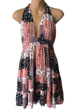 HERSY Halter Backless Tie Strap Patchwork Cottagecore Mini Dress